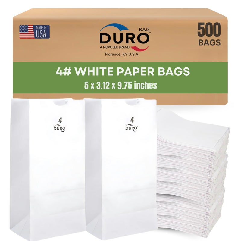 Duro 4# White Paper Bags 500-Count, White Sandwich Paper Bags, Candy, Snacks, Treats, Popcorn Bags & Bulk Disposable Lunch Sacks - 5.00 x3.12 x 9.75 Inches - Image 1